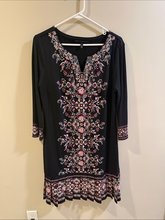 White House Black Market Tops - White House Black Market Black Tunic with Pink and Cream Embroidery